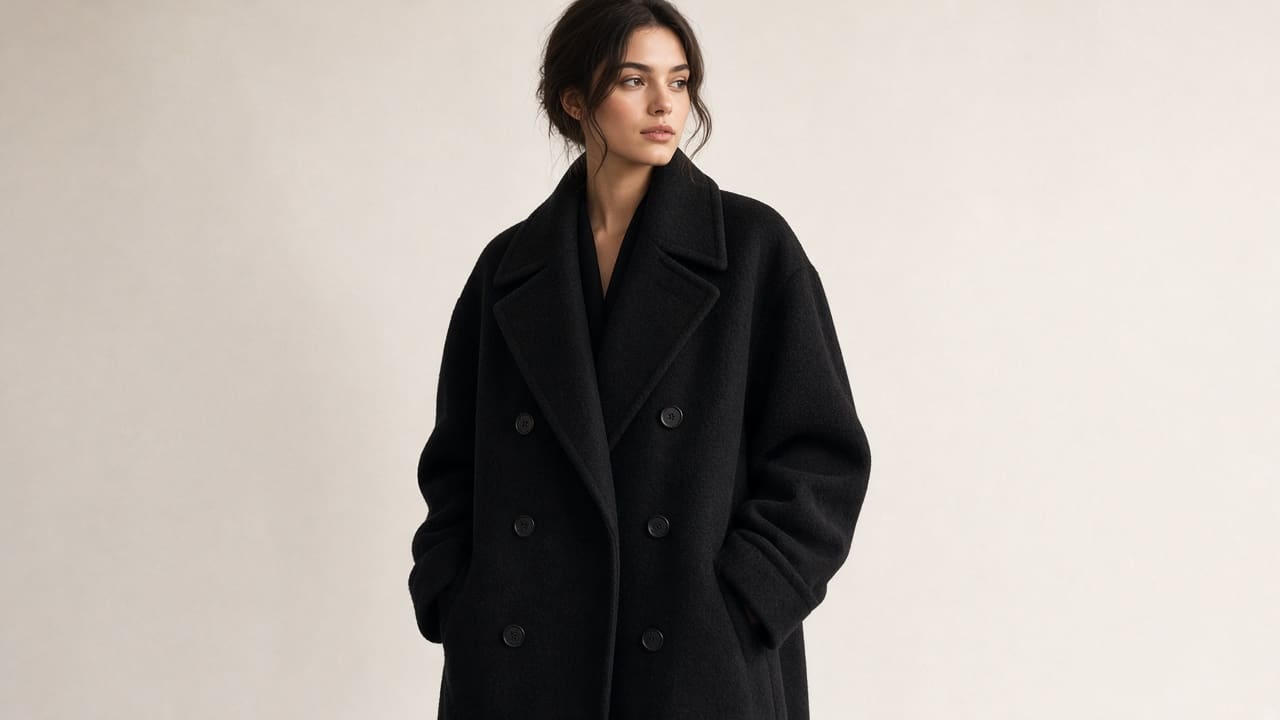 Black double-breasted wool coat