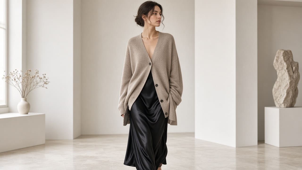 Womenswear look: long cardigan and satin skirt